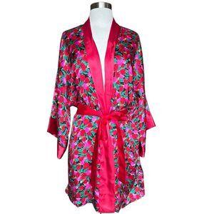 Vintage Victorias Secret Gold Label Red Tulip Floral Satin Short Kimono Robe EUC